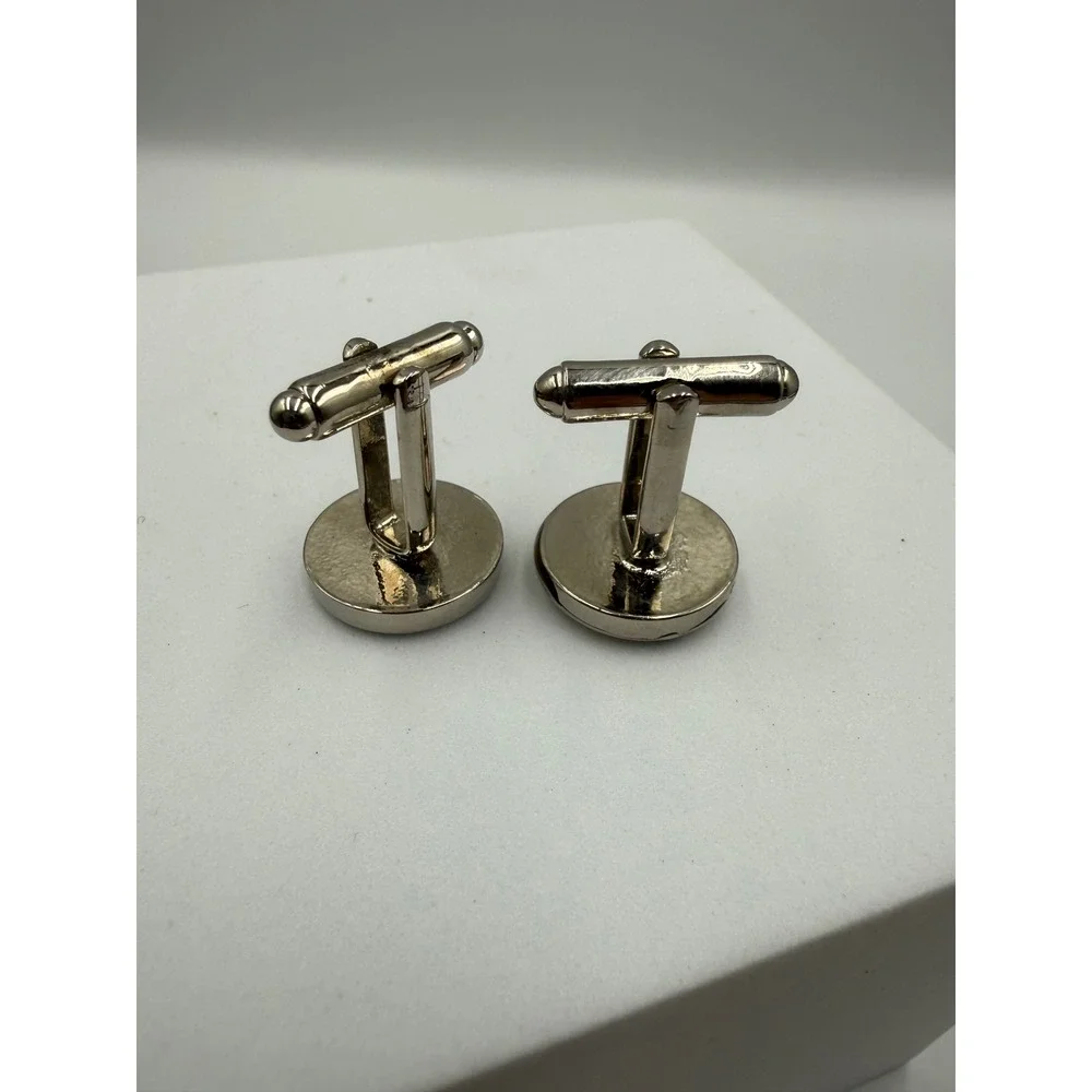 Vintage Treble Clef Music Note Cufflinks Silver Tone Cream Enamel G-Clef Round